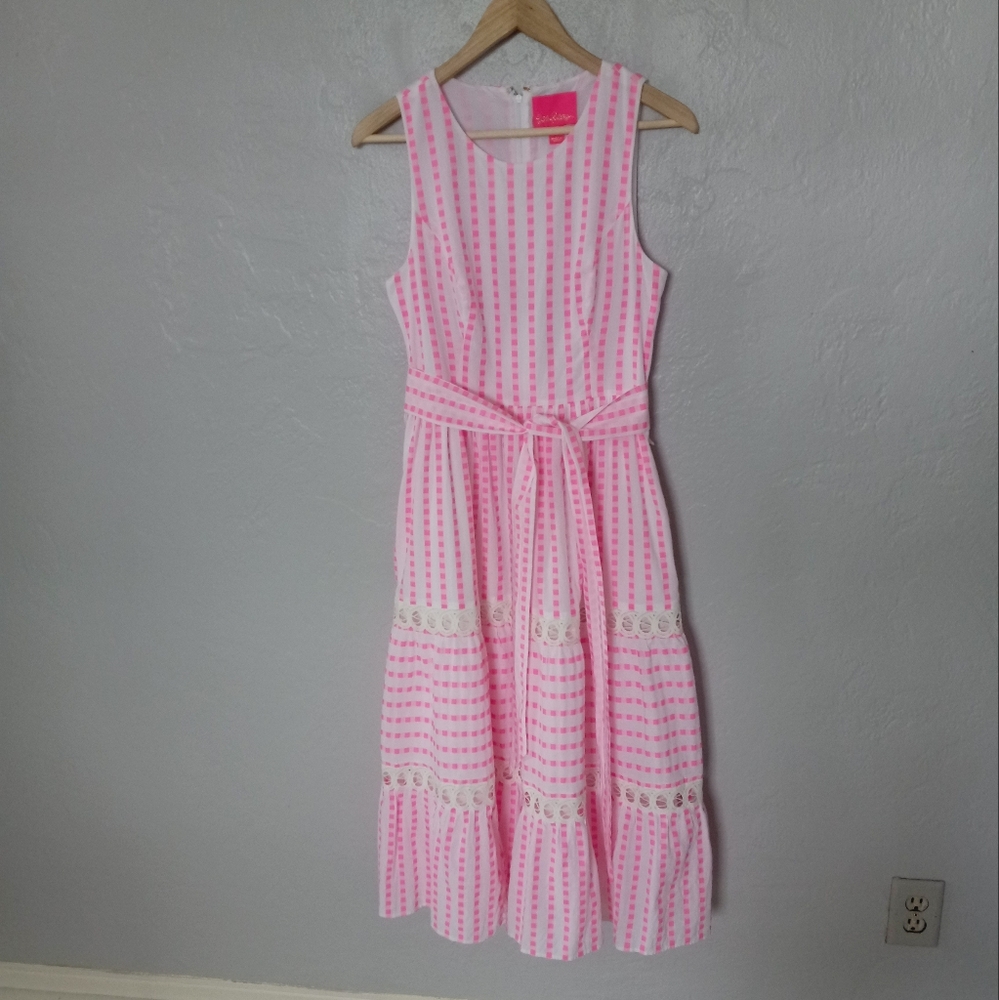 Lilly Pulitzer Maybella Tiered Midi Dress Pink Isle Gingham Lace Insert 6 - Picture 4 of 16